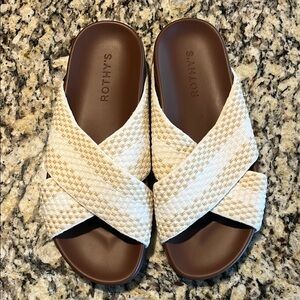 Rothy's Cream and Brown Woven Slide Sandals